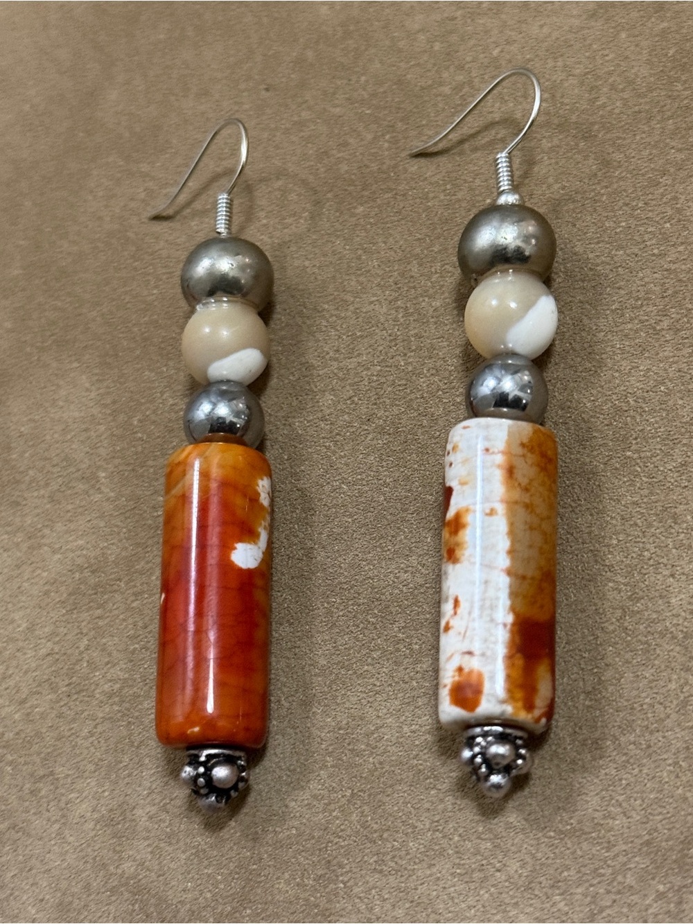 Orange & Cream Bead Drop Earrings with Steel Accents